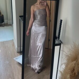 Meshki Strapless Satin Gown in Bronze Taupe